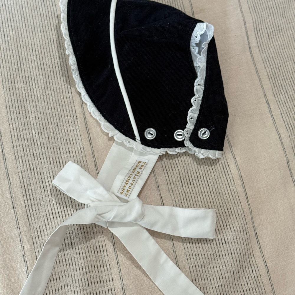 TBBC navy Baby Bonnet with Lace Trim